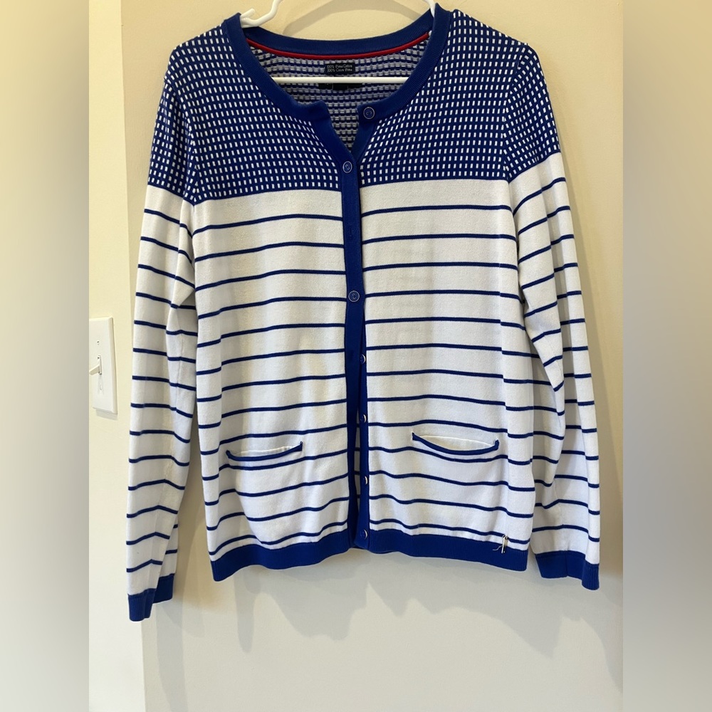 EUC- Tommy Hilfiger Blue and White Stripe Pima Cotton Cardigan Sweater. Size L